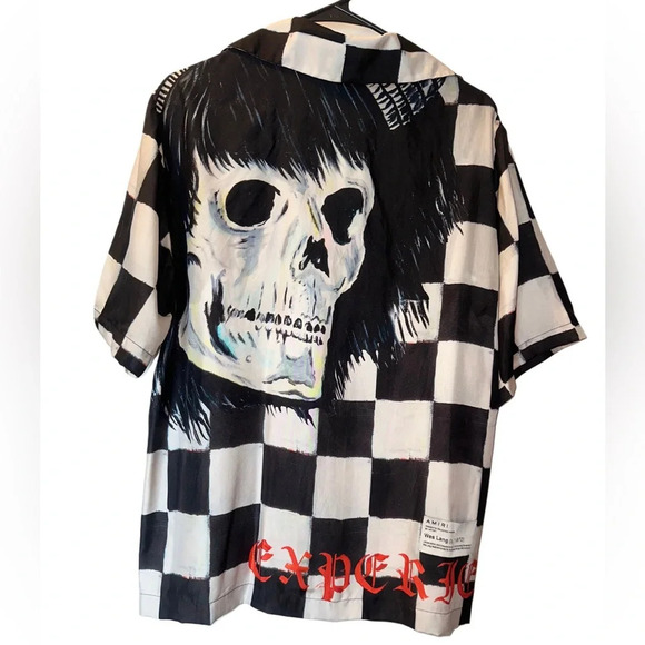 AMIRI x Wes Lang Skull Silk Bowling Shirt. Black & White checkered 100% Silk - Picture 2 of 13